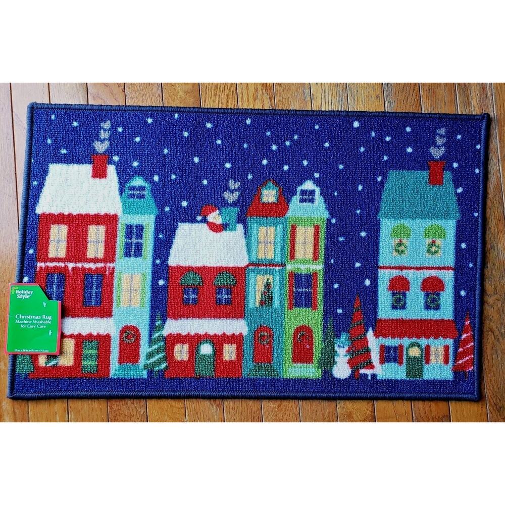 NEW Christmas Mat Rug City Street Buildings Town Scene w/Santa 17" by 28" Blue